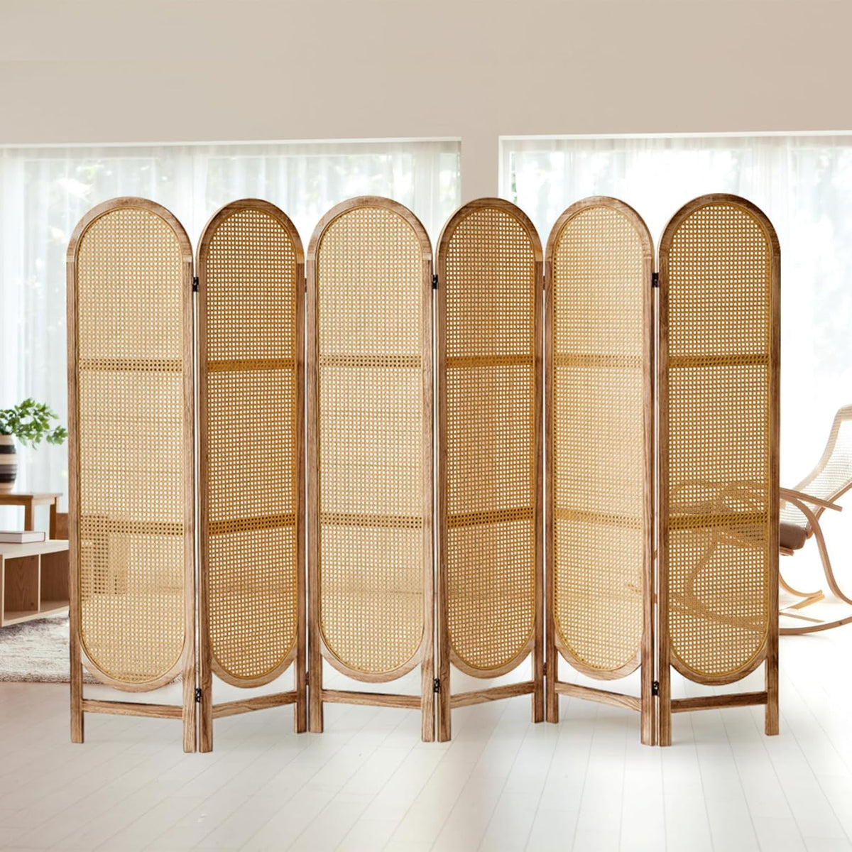 6 Panels Room Dividers and Hand-Woven Rattan Room Divider Wall, Wood Room Divider Folding Privacy Screens for Home Office Bedroom, Light Brown