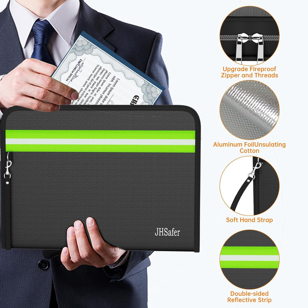 6400℉ Fireproof Document Bag,15” X 11” Waterproof Fireproof Money Bag with Zipper,12 Layers Insulated Fireproof Safe Bag with Reflective Strip for Documents,Passports,Cash,Valuables