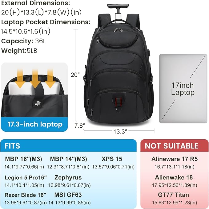 Boavan Rolling Backpack, 17 inch Water Resistant Wheeled Backpack, Carry on