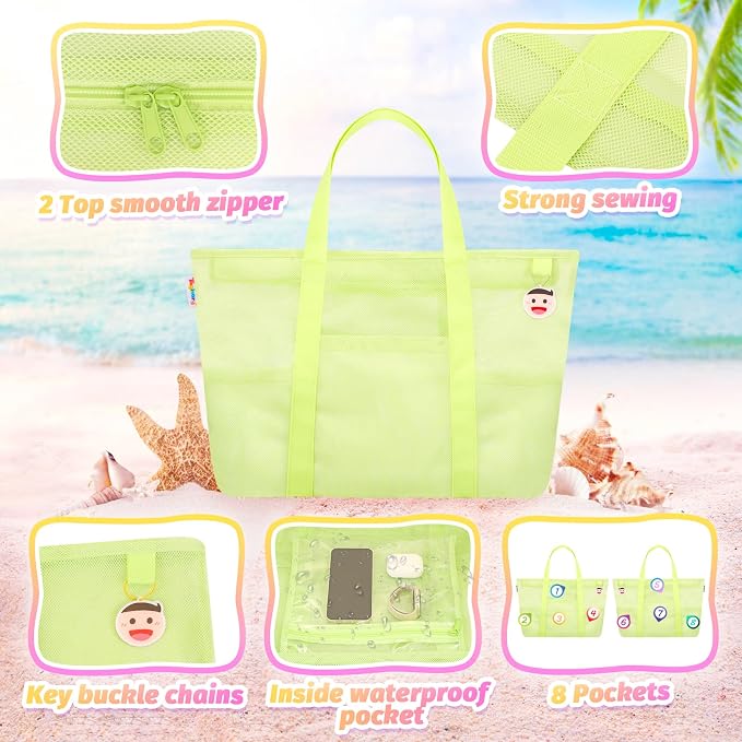 Tagitary Mesh Beach Bag with Zipper Large Beach Tote Waterproof Sandproof with