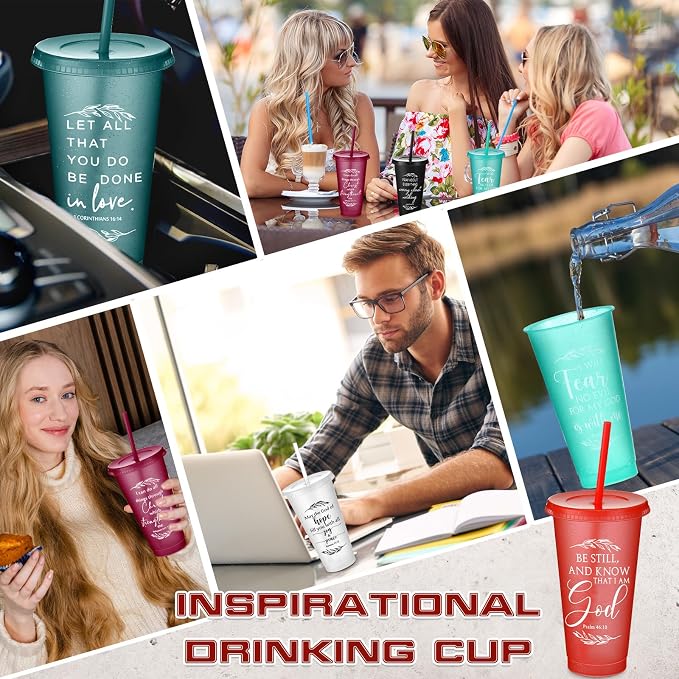 Havawish 36 Pcs Mothers Day Christian Tumbler Gift Bulk Religious Inspirational 24 oz Drinking Jesus Cup with Lid Straw Bible Verse Plastic Cup for Church Father Teacher First Communion (Joyous Color)