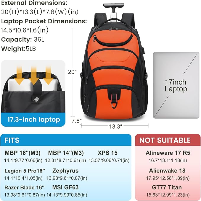 Boavan Rolling Backpack, 17 inch Water Resistant Wheeled Backpack, Carry on