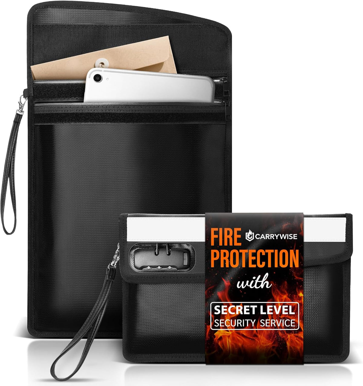 Upgraded Fireproof Document Bag Set with Lock, 6200°F Fire Resistance & Reflective Design, Dual Bag Set with Zipper (14.7"x11.5" & 11.1"x7.4") for Cash, Passport & Money Pouch