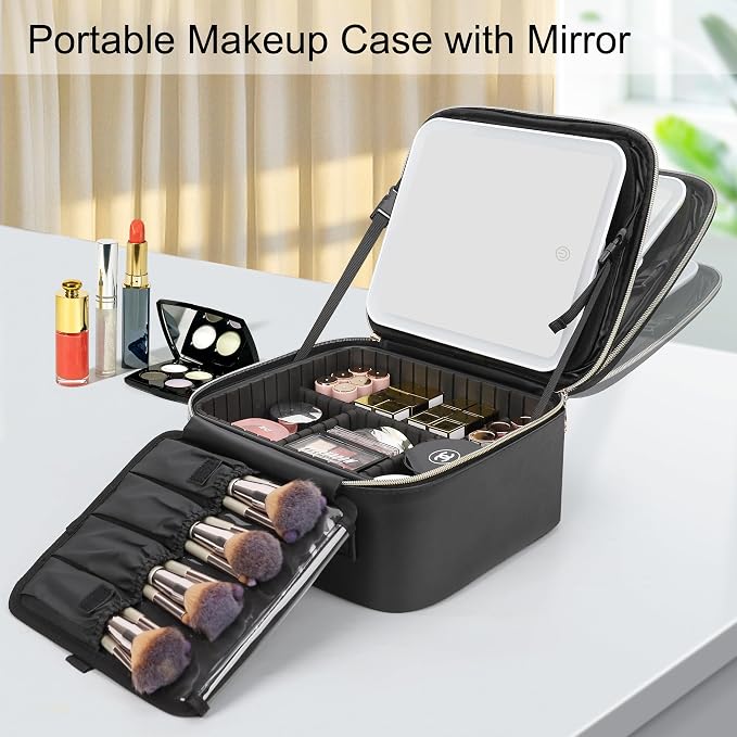 Relavel Travel Makeup Bag With LED Mirror, Cosmetic Train Case with Light up