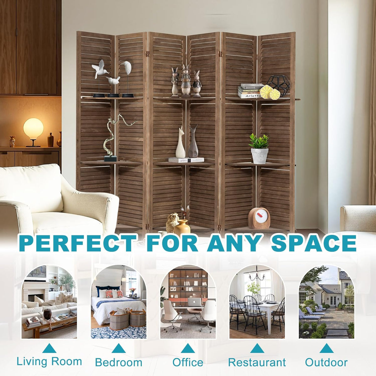 6 Panel Room Divider with Shelves, 5.6FT Folding Room Divider Screen, Free Assembled Freestanding Partition for Home Office Bedroom, Dark Brown