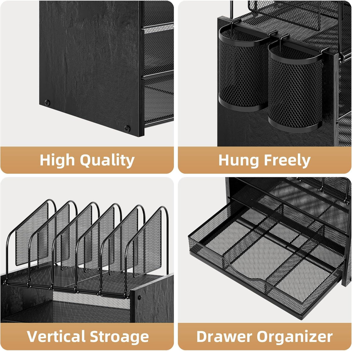 Marbrasse Desk organizer with Drawer, 4-Tier Wooden File Organizer with 5 Vertical File Holders and 2 Pen Holders, Desk Organizers and Accessories for Home Office - Black