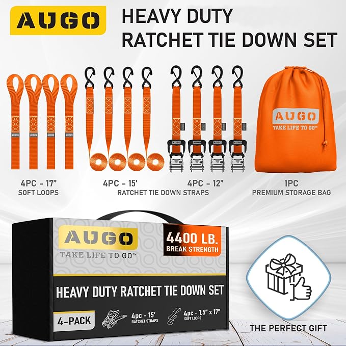 AUGO Heavy Duty Ratchet Straps & Soft Loops – Pack of 4 Extra Strong 1.5” by