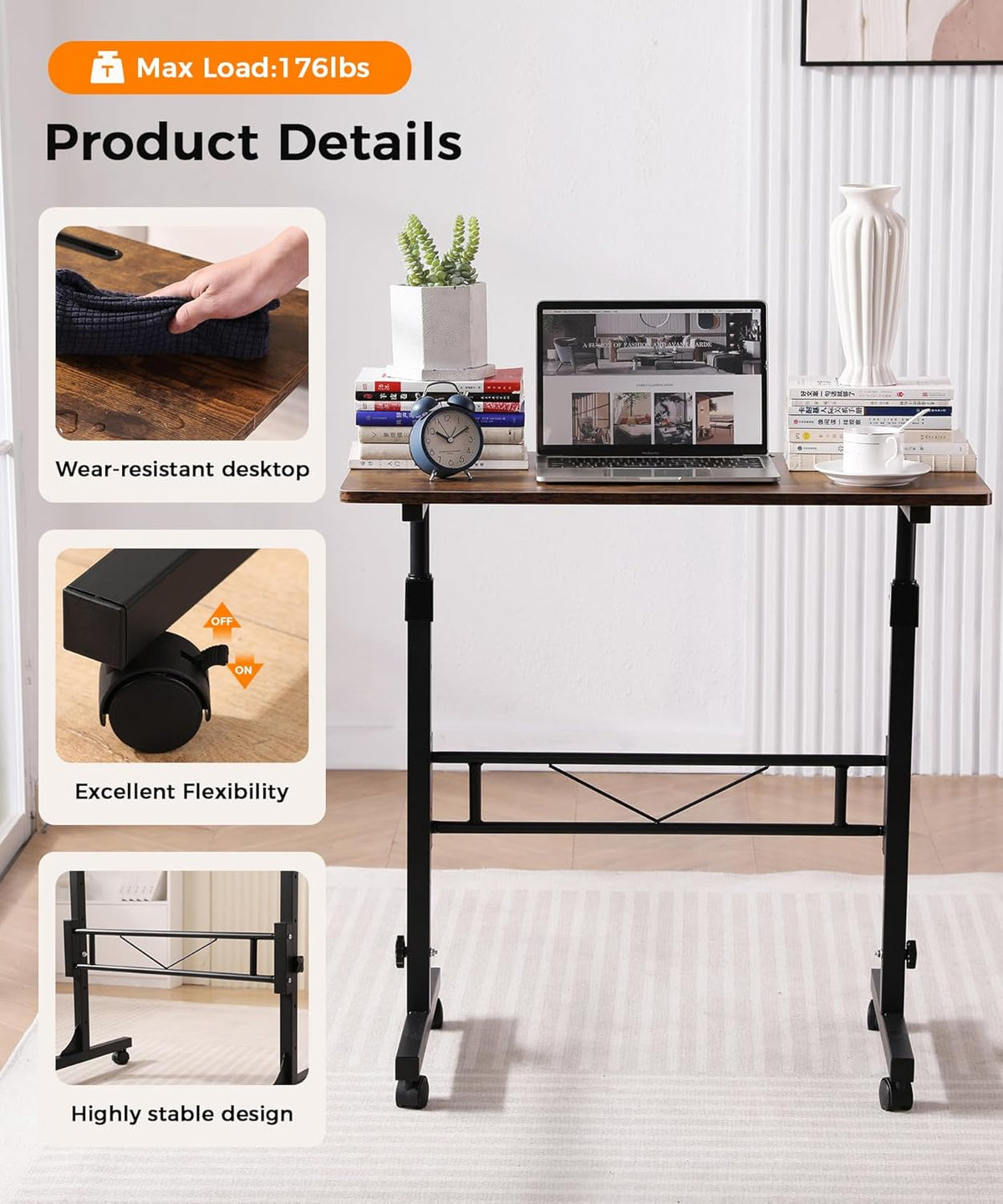 Standing Desk Adjustable Height, Mobile Stand Up Desks with Wheels Small Computer Desks Rolling Desk, Portable Laptop Desks Rustic Standing Table Sit Stand Home Office Desks 16"x31.5" Height 27"-43.5"