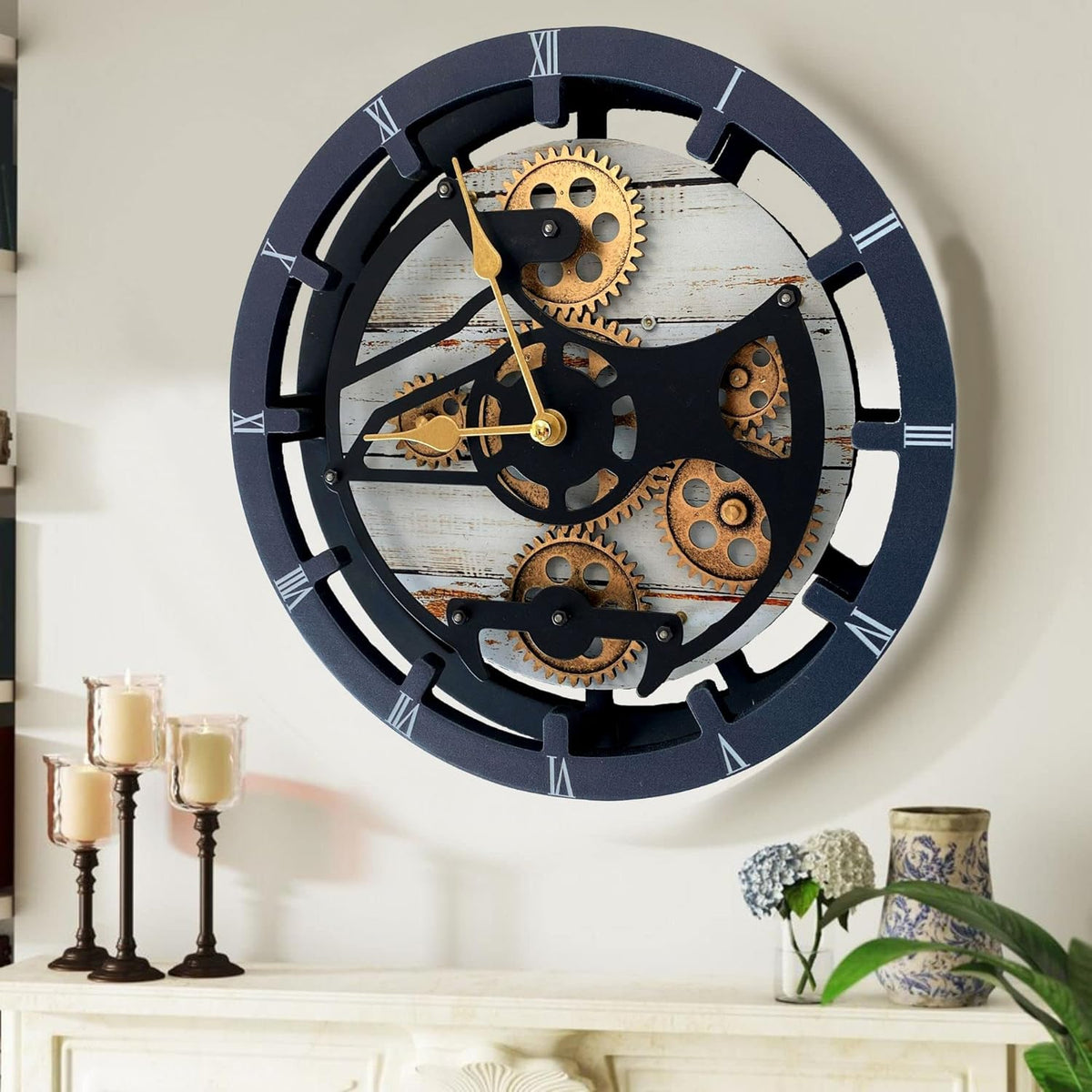 The Gears Clock 16 inches Wall Clock with Real Moving Gears Convertible into a Big Mantel Clock (Desert Beige)