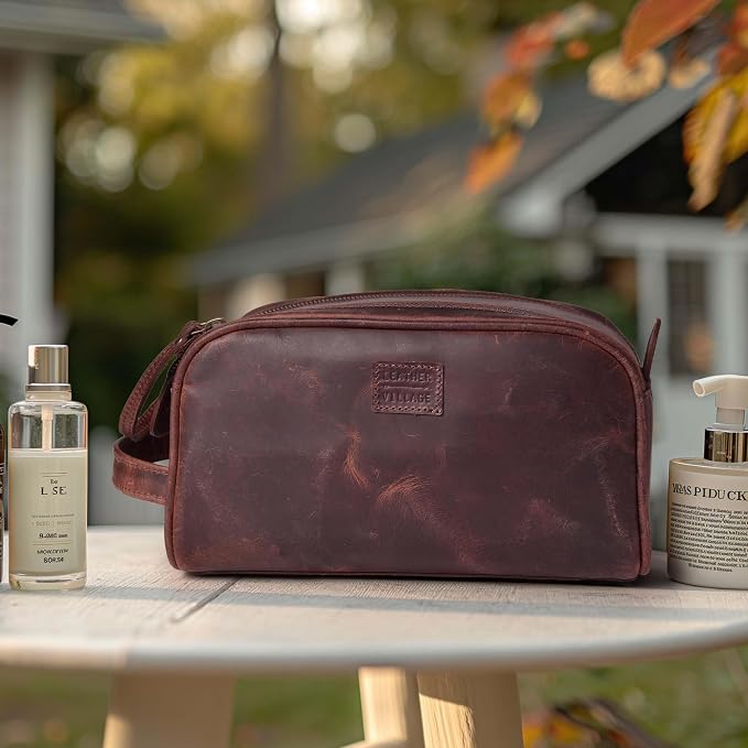 LEATHER VILLAGE Premium Leather Toiletry Travel Pouch