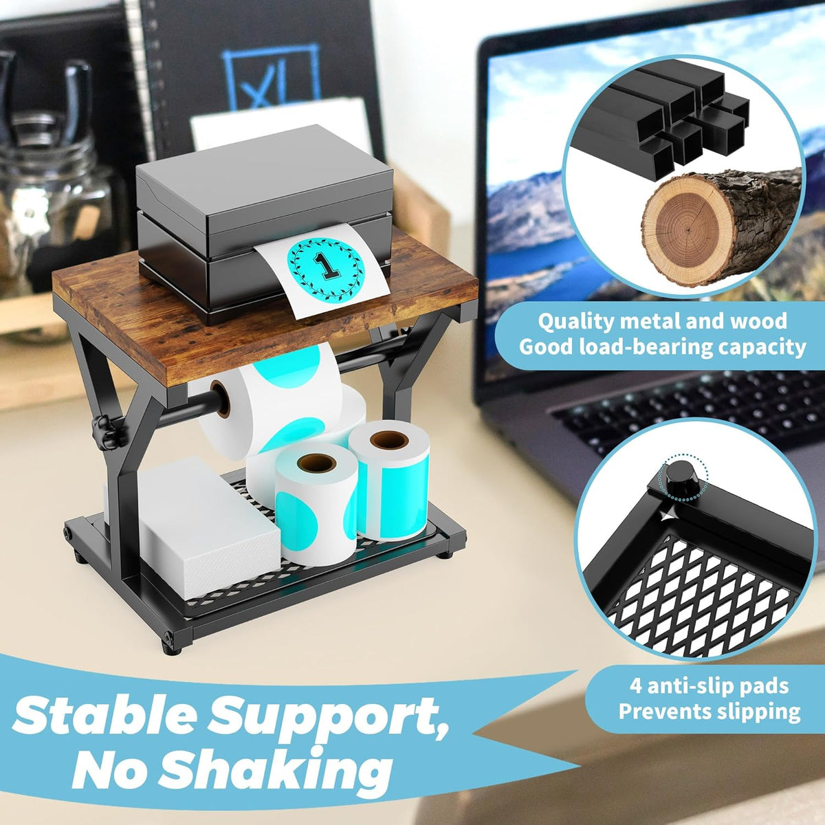 Thermal Label Holder for Rolls and Fanfold Labels, Wooden Sticker Roll Holder for Thermal Printer, YITOBA Desktop Shipping Label Stand Organizer Accessory for Home Office, Small Business (Black)