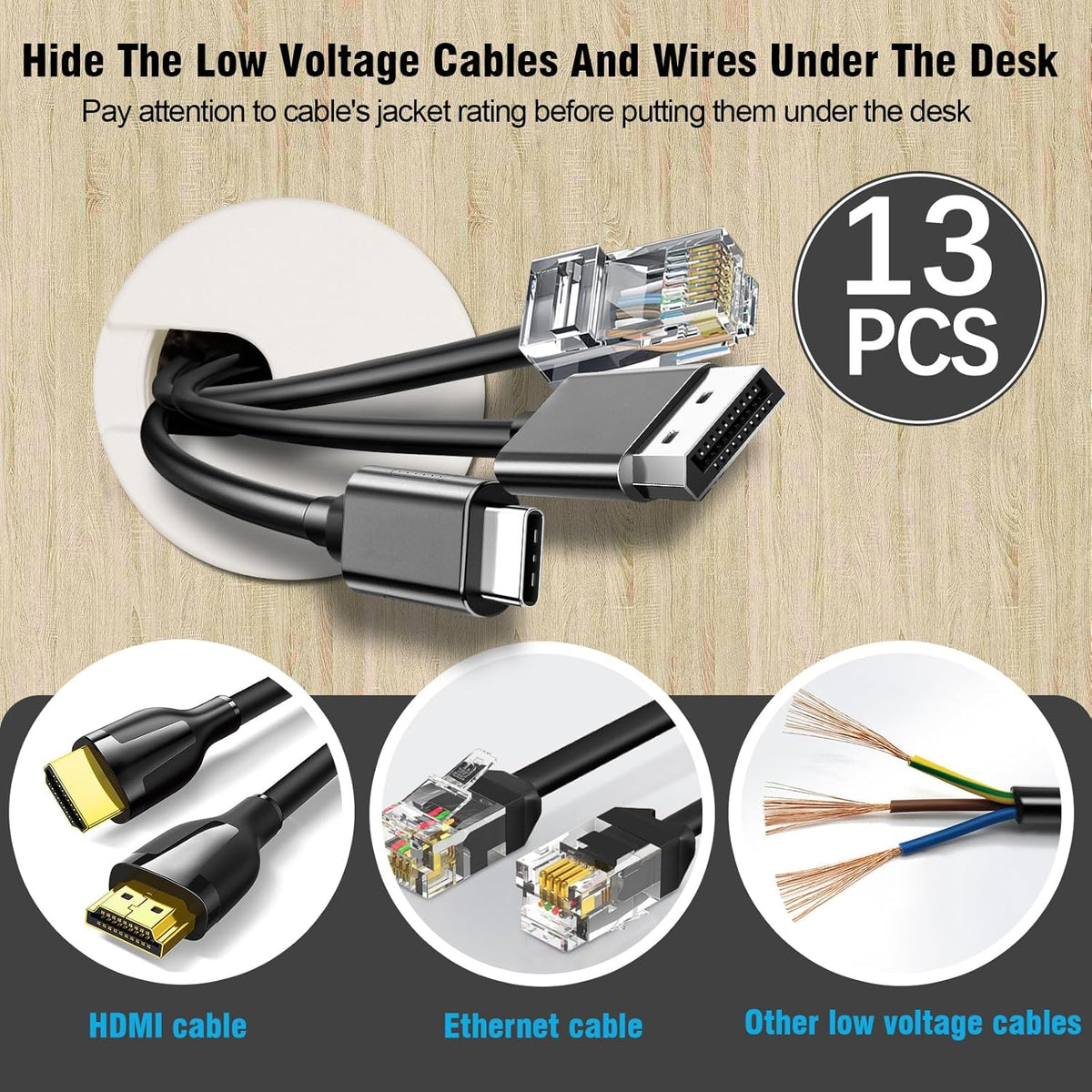 1-3/8" White Desk Grommet with Bi-Metal Hole Saw, JTemgle Plastic Cable Hole Cover Computer Table Cord Wire Organizer Caps, Desktop Cord Management for Home Office TV Stands Tabletops, 13 Pieces