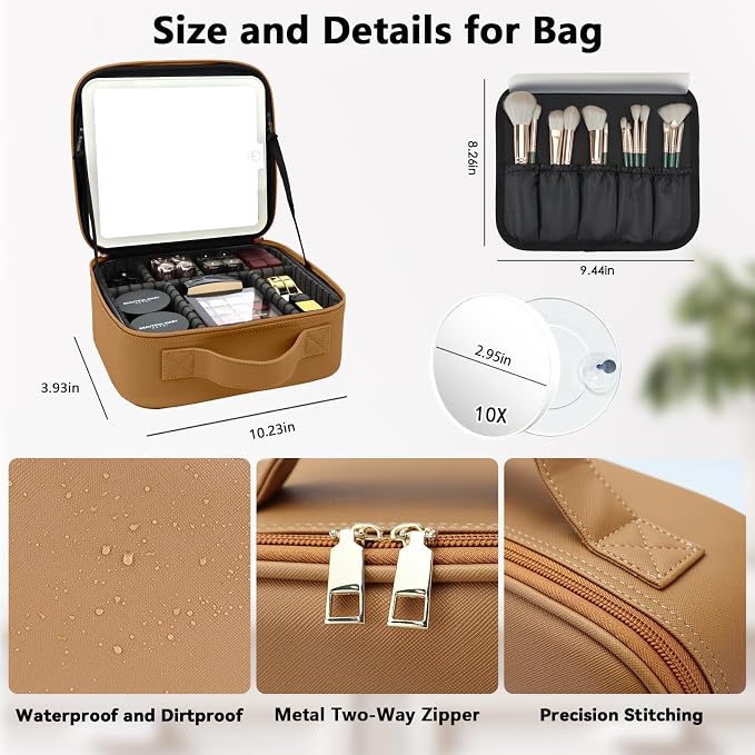 Travel Makeup Bag with LED Mirror and 10x magnifying glass with 3 Lighted