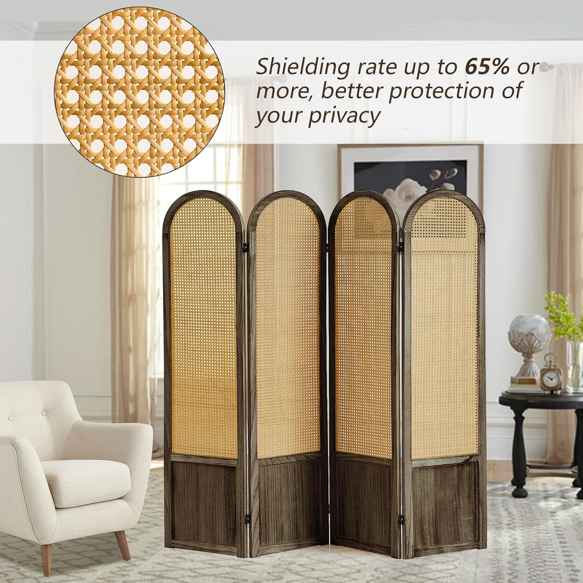 4 Panel Rattan Room Divier, Room Divider Panel and Folding Privacy Screens, Room Divider Wall, Solid Wood Frame, Partition Room Dividers, Bedroom, Dining Room, Lounge, Dark Brown