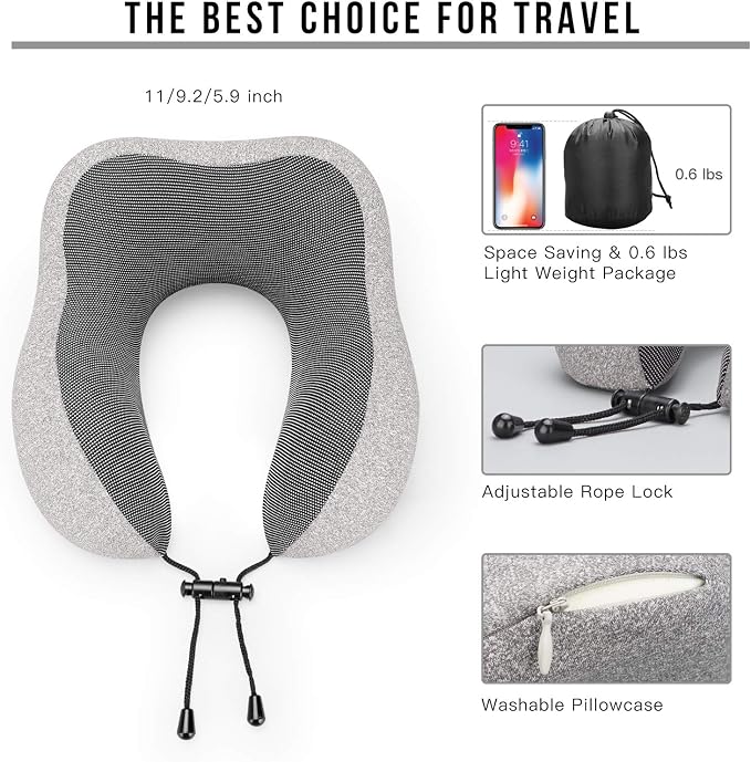 MLVOC Travel Pillow 100% Pure Memory Foam Neck Pillow, Comfortable & Breathable