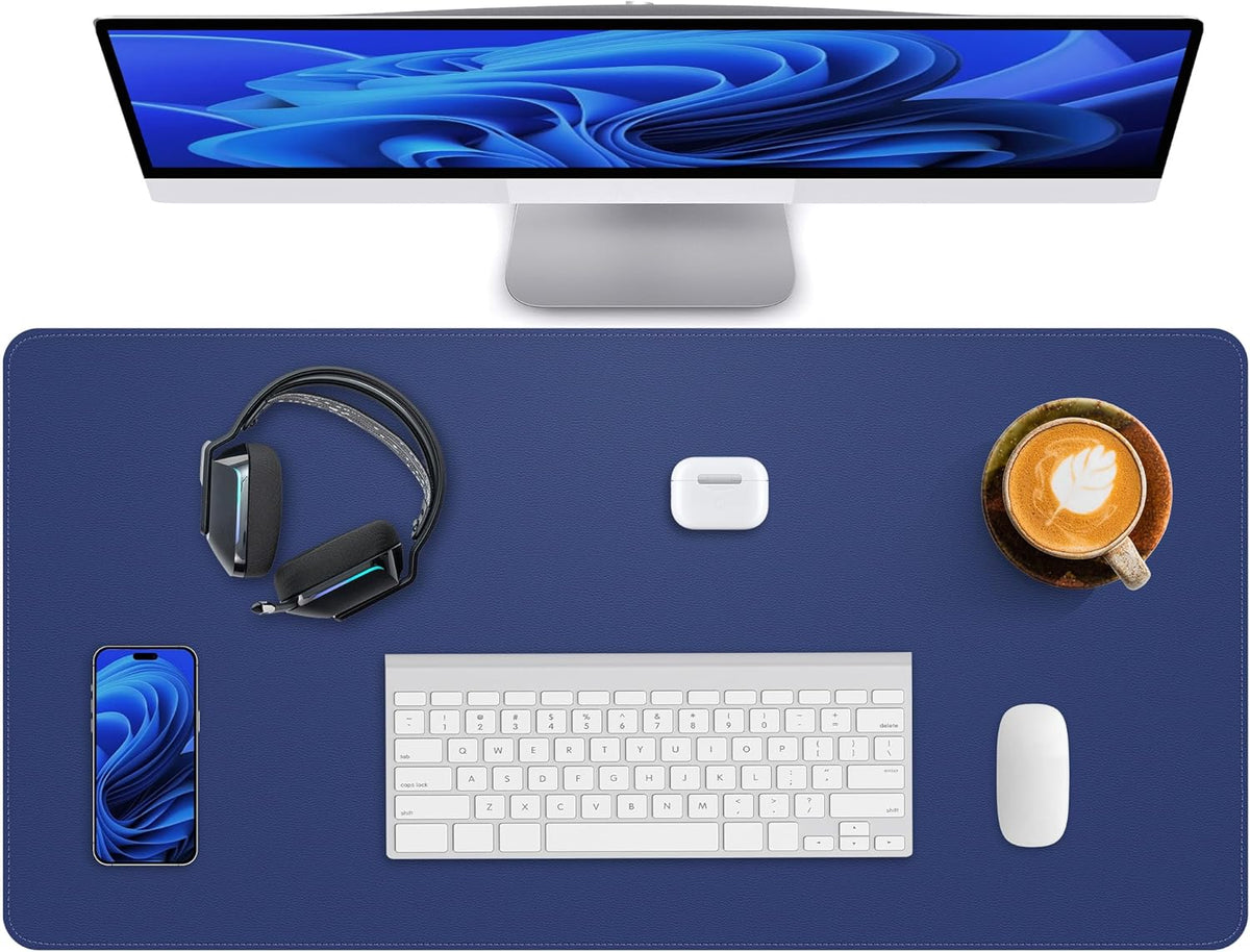 Leather Desk Pad Protector,Office Desk Mat,Large Mouse Pad, Non-Slip PU Leather Desk Blotter,Desk Pad,Waterproof Desk Writing Pad for Office and Home (Blue,35.4" x 17")
