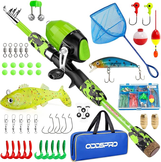 ODDSPRO Kids Fishing Pole Pink, Portable Telescopic Fishing Rod and Reel Combo