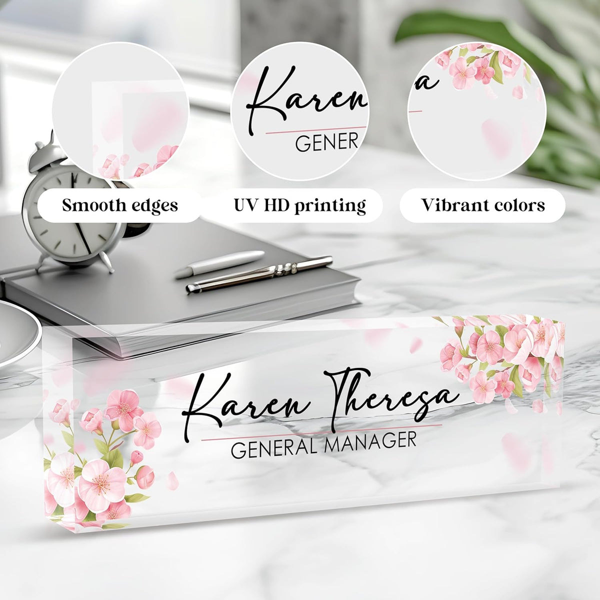 Custom Office Name Plate, Personalized Gifts for Women & Men, Appreciation Gifts for Employees, Office Desk Accessory (Pink Flower)
