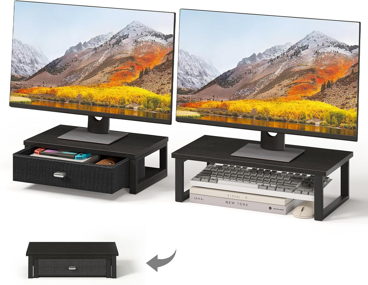 WOHOMO Dual Monitor Stand Riser with Drawers, Desk Organizers for 2 Monitors, Desktop Storage Stand for Computer,Laptop,Black