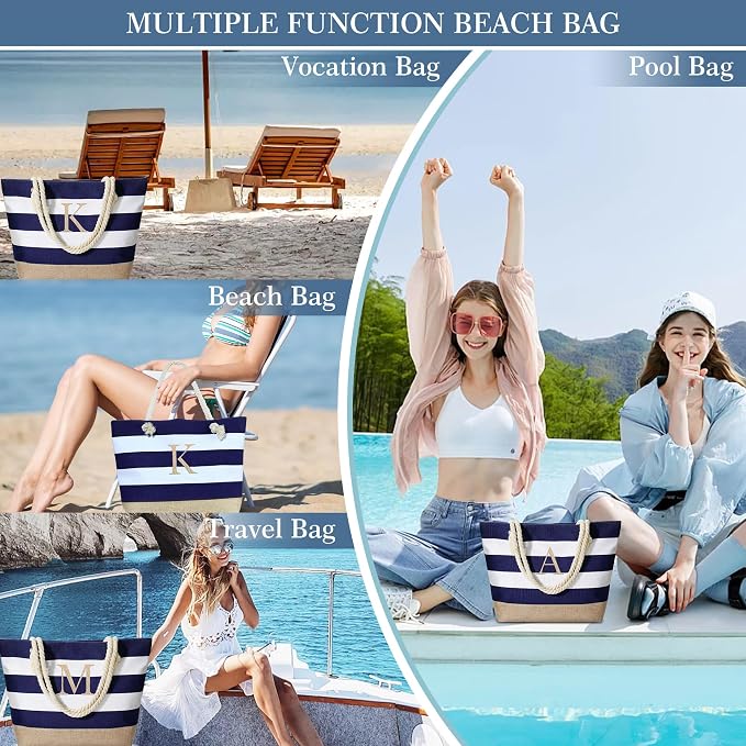 YOOLIFE Initial Canvas Waterproof Beach Tote Bag Zipper Personalized Gifts