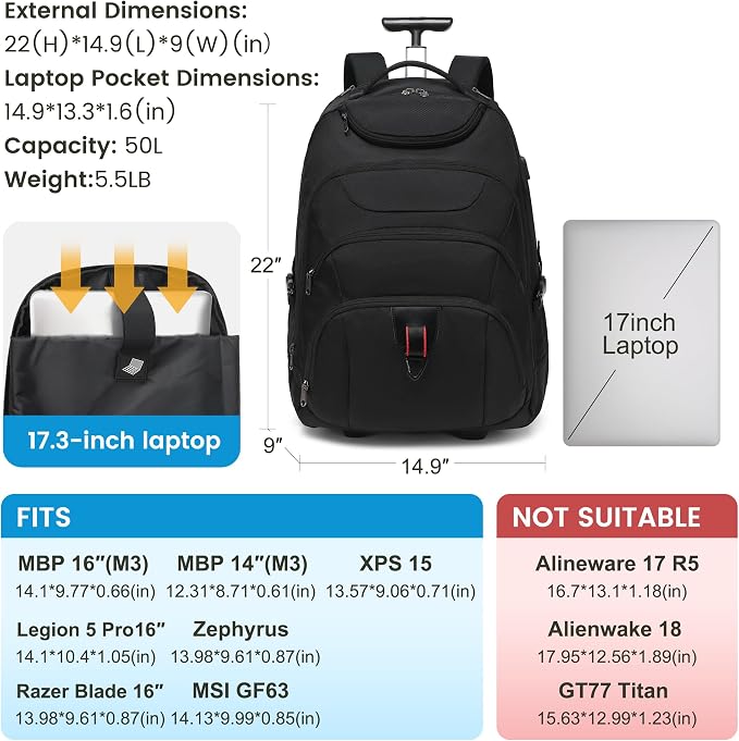 Boavan Wheeled Backpack, 18.4 inch Water Resistant Rolling Backpack, Carry on