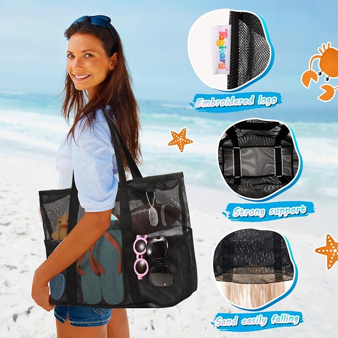 Tagitary Mesh Beach Bag with Zipper Large Beach Tote Waterproof Sandproof with