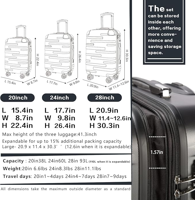 Coolife Luggage Expandable Suitcase 3 Piece Set