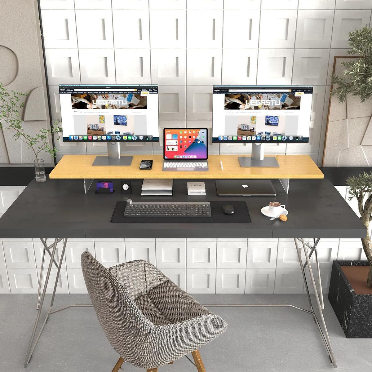 Crystal Clear Acrylic Monitor Stand,Leg levitating design Height Adjustable,Dual Monitor Riser Shelf Organizer for Desk、Home Office、Printer、TV Screen、Keyboard Storage (Nature)