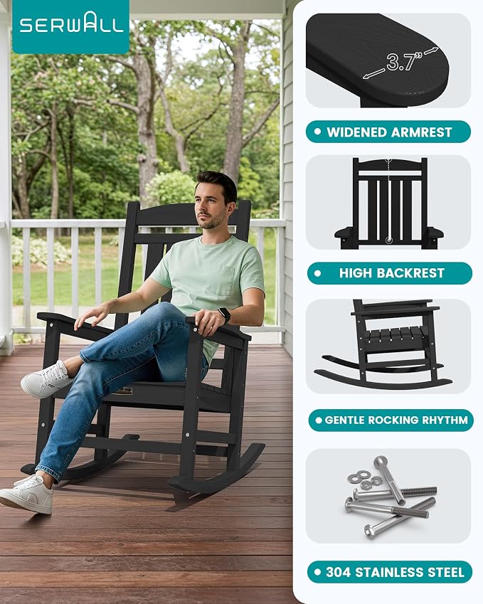 SERWALL Outdoor Rocking Chair, HDPE Patio Rocking Chair All-Weather Porch Rocker