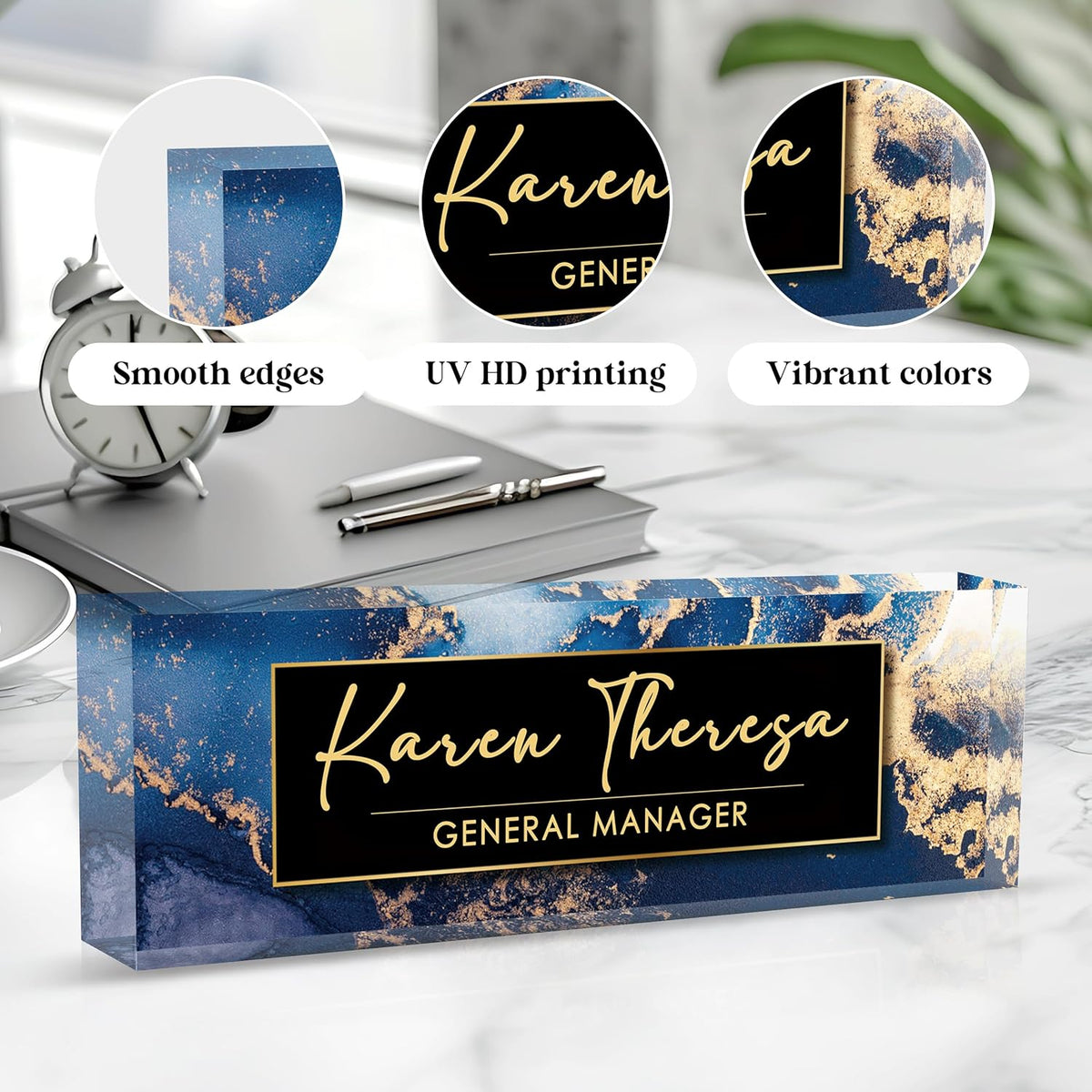 Custom Office Name Plate for Desk, Personalized Gifts for Men, Appreciation Gifts for Employee Coworkers Boss Teacher, Office Accessories (Blue Marble)
