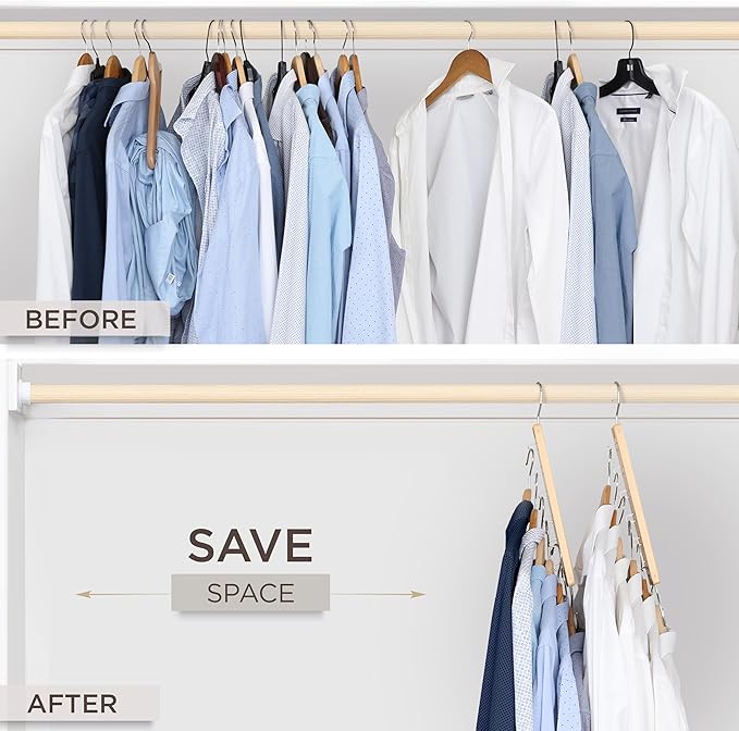 MORALVE Space Saving Hangers for Closet – 4 Pack European Beechwood 6-Tier
