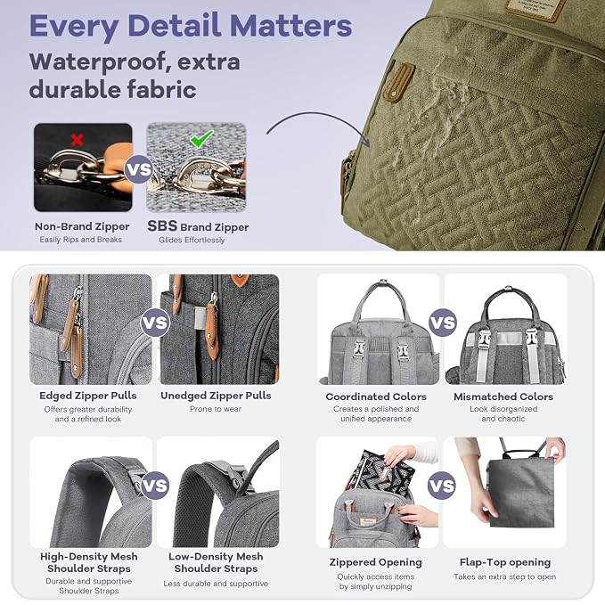 RUVALINO Diaper Bag Backpack, Large Capacity, Waterproof, Olive Green