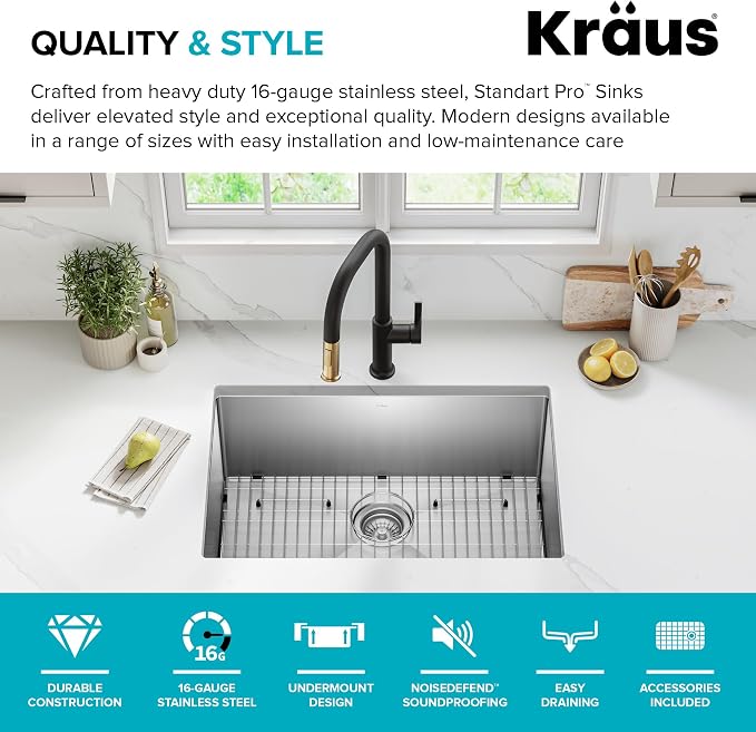 KRAUS Standart PRO 28-inch 16 Gauge Undermount Single Bowl Stainless Steel