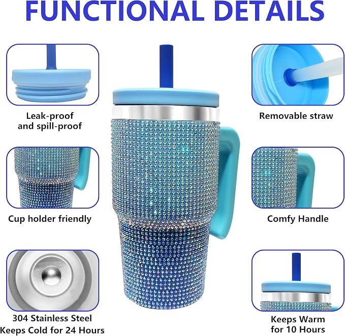 2PCS 20-OZ Insulated Water Bottle,Insulated Stainless Steel Tumbler,Reusable Cold Drink Thermos,BPA-Free, Double-Wall Stainless Steel Water Bottle (Royal Blue - Diamonds, 20, Fluid Ounces)