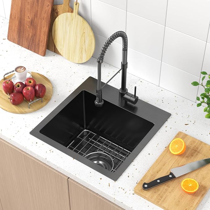 15 x 15 inch Drop in Bar Sink Black, Gunmetal Black Bar Sink 18 Gague Topmount