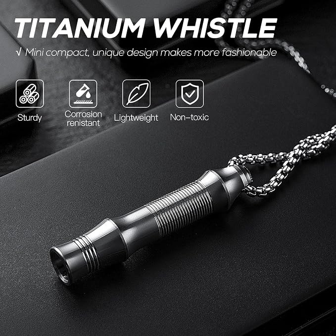 TISUR Titanium Emergency Whistle, EDC Safety Whistles Necklace Loud up to 120db
