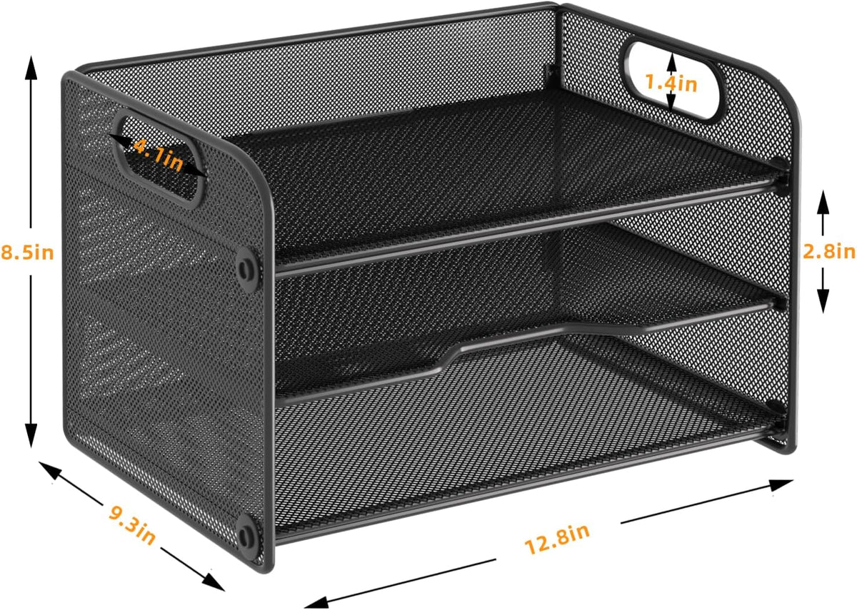 Samstar 3 Tier Letter Tray Paper Organizer with Handle, Mesh Desk Organizer Paper Sorter File Rack Shelves, Black