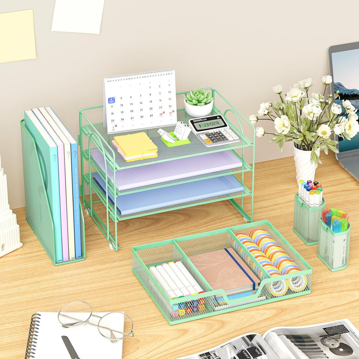 Marbrasse Desk Organizer and Accessories，4-Tier Paper Letter Tray Organizer with File Holder, Desk Accessories & Workspace Organizers with Drawer and 2 Pen Holder (Green, 15.4" x 9.1" x 8.3")