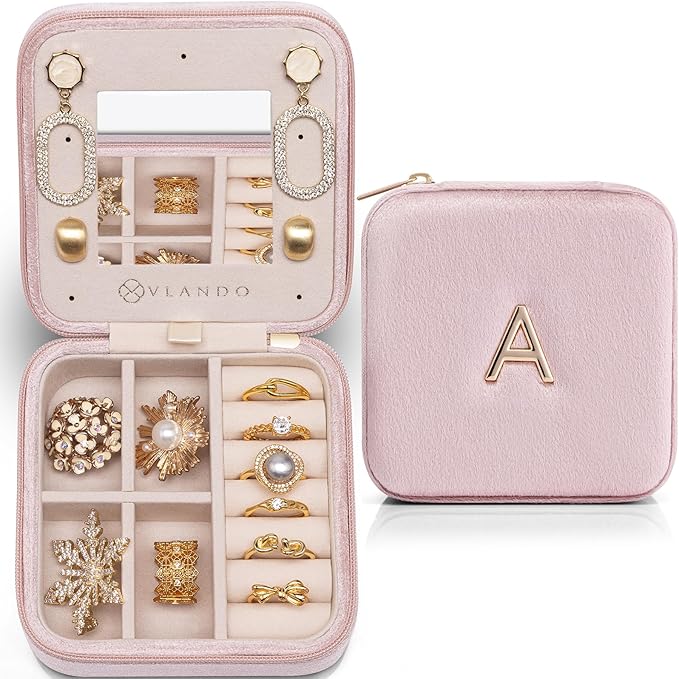 Vlando Mothers Day Gifts for Mom Travel Jewelry Case for Girl Women, A Initial