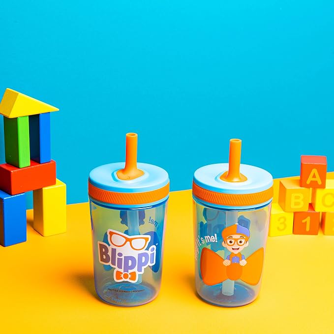 Zak Designs Blippi Kelso Toddler Cups For Travel or At Home, 15oz 2-Pack Durable Plastic Sippy Cups With Leak-Proof Design is Perfect For Kids (Blippi)
