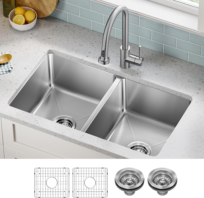 KRAUS Fairlane 33-inch Undermount Double Bowl 18-Gauge Stainless Steel Kitchen