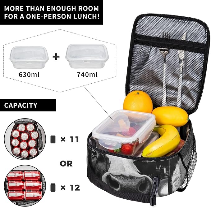 Cow Insulated Lunch Box for Women Men Cow Lunch Bag for Travel, or Fishing