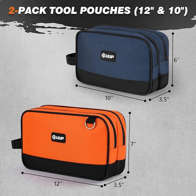 Small Tool Bag 2 Pack, Zipper Tool Pouch Two Compartments, 10 12 inch Utility