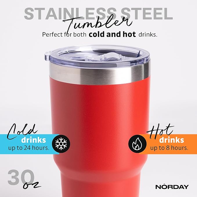 NORDAY | Tumbler with Lid - 30oz - Red Insulated Tumbler - Stainless Steel