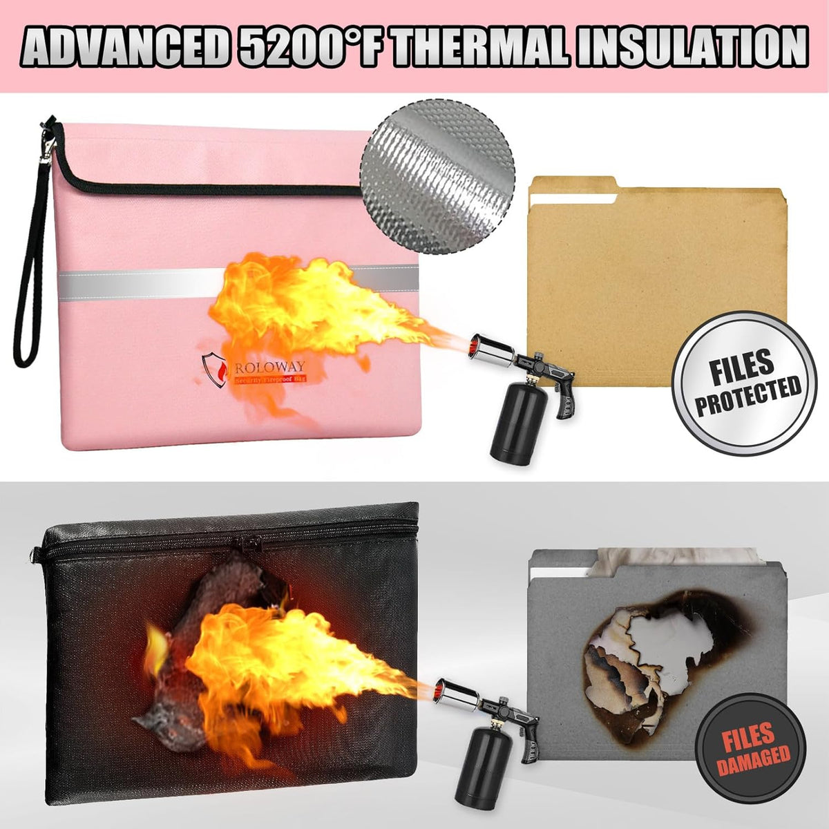 ROLOWAY Fireproof Document Bag (14 x 11 inch) with 5200℉ Upgraded Aluminum Foil Layer, Fireproof Bag for Documents with Reflective Strip and Zipper (Pink)