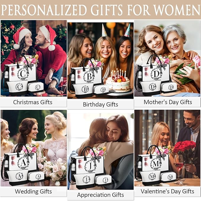 Personalized Christmas Gifts for Women, Initial Canvas Tote Bag & Makeup Bag