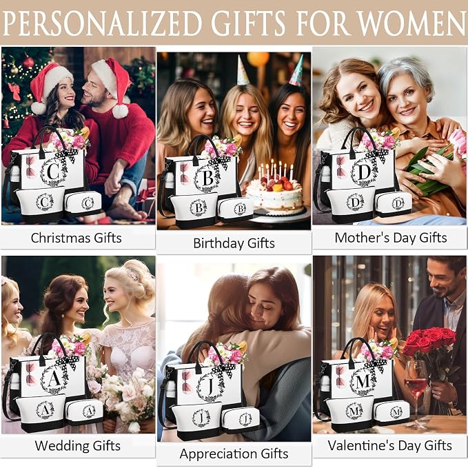 Personalized Christmas Gifts for Women, Initial Canvas Tote Bag & Makeup Bag