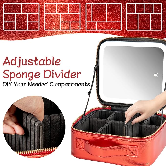 Makeup Travel Train Case with Mirror LED Light 3 Adjustable Brightness Large