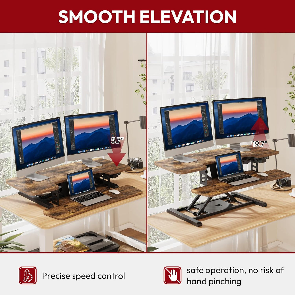 SANODESK Standing Desk Converter with Electric Motor 40" Height Adjustable Riser for Office Home,Dual Monitor and Laptop Workstation with Large Keyboard Tray,Rustic Color