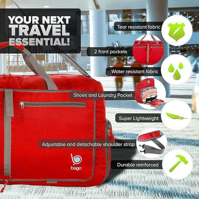 Bago Foldable Duffel Bags for Traveling Women & Men - 60L Medium Packable